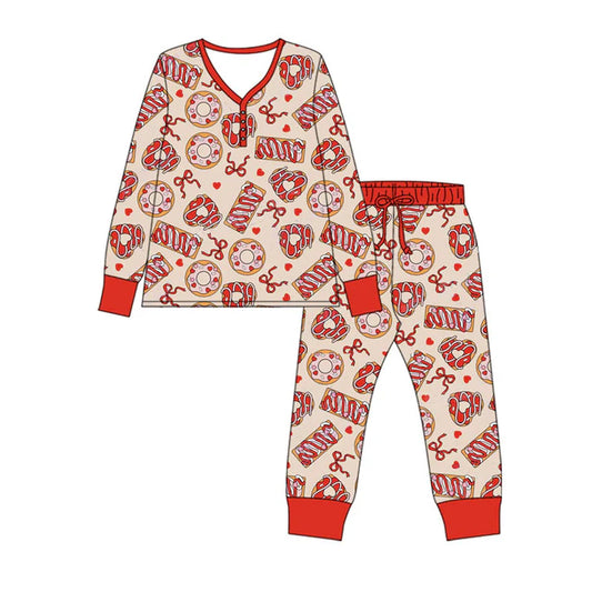 Preorder(moq 5) Adult Women Red Bows Donuts Top Pants Valentine Pajamas Sets 10.9