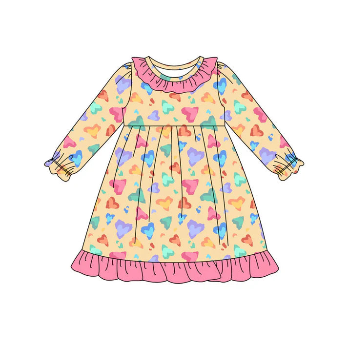 Preorder (moq 8)Baby Girls Colorful Hearts Ruffle Knee Length Dresses 9.11