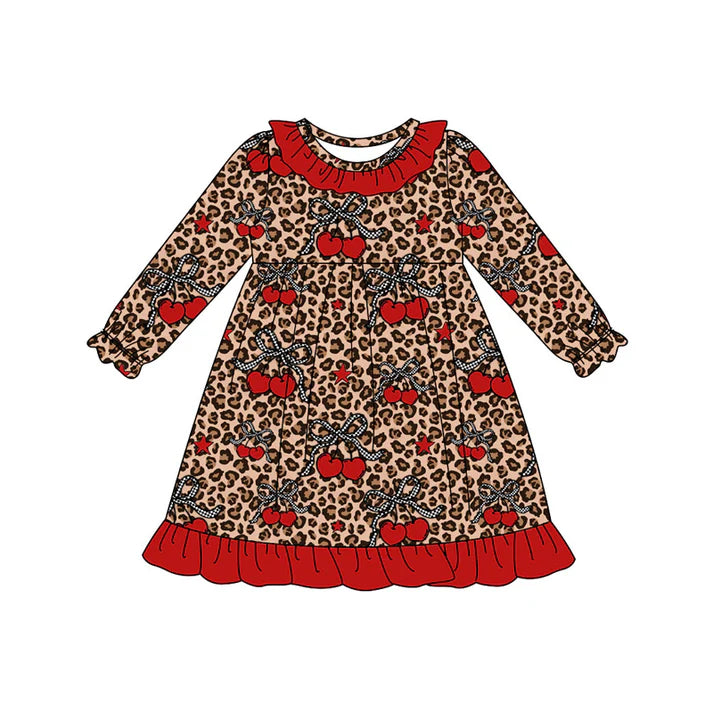 Preorder (moq 5)Baby Girls Red Cheer Bows Leopard Ruffle Knee Length Dresses 9.4