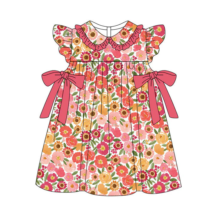 Preorder(moq 5) Baby Girls Flutter Sleeve Red Sunflowers Bows Knee Length Dresses 11.11