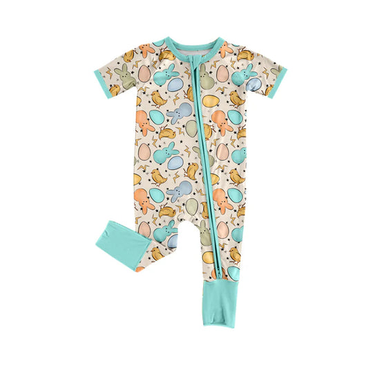 Preorder (moq 5)Baby Boys Colorful Rabbits Eggs Easter Two Way Zip Convertible Rompers 11.26