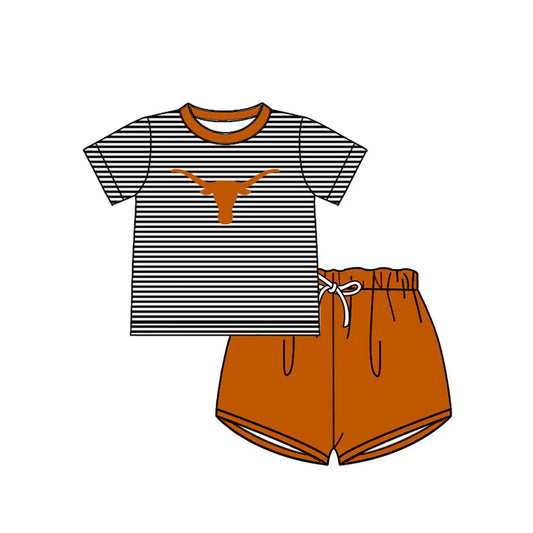 Preorder (moq 5)Baby Boys Black Stripe Bull Skulls Top Orange Shorts Team Clothes Sets 12.15