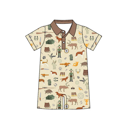 Preorder (moq 5)Baby Boys Deer Dogs Button Hunting Short Rompers 10.24