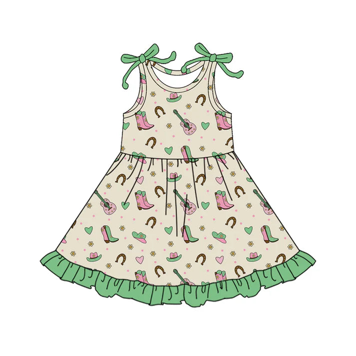 Preorder (moq 5)Baby Girls Bows Sleeveless Heart Boot Guitars Western Ruffle Knee Length Dresses 12.18