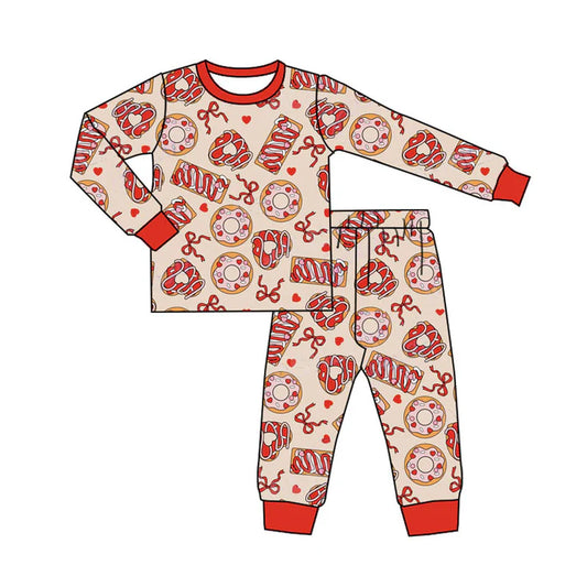 Preorder(moq 5) Baby Girls Red Bows Donuts Top Pants Valentine Pajamas Sets 10.9
