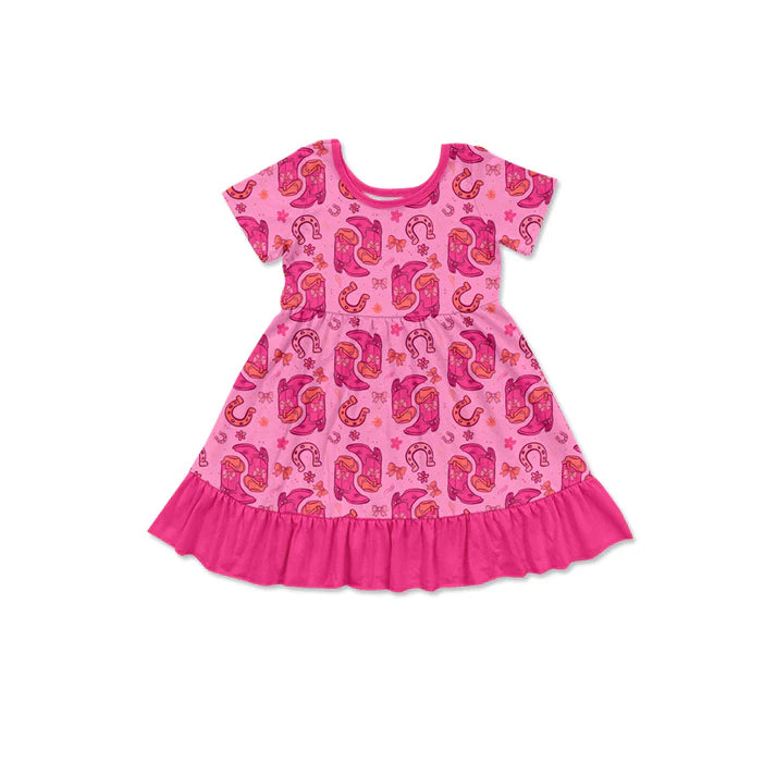 Preorder (moq 5)Baby Girls Bow Boots Western Ruffle Knee Length Dresses 11.26