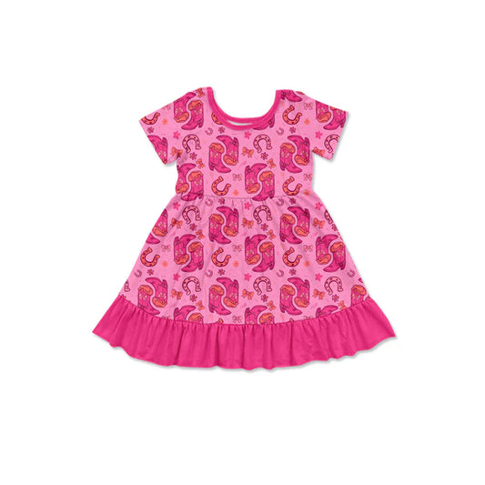 Preorder (moq 5)Baby Girls Bow Boots Western Ruffle Knee Length Dresses 11.26