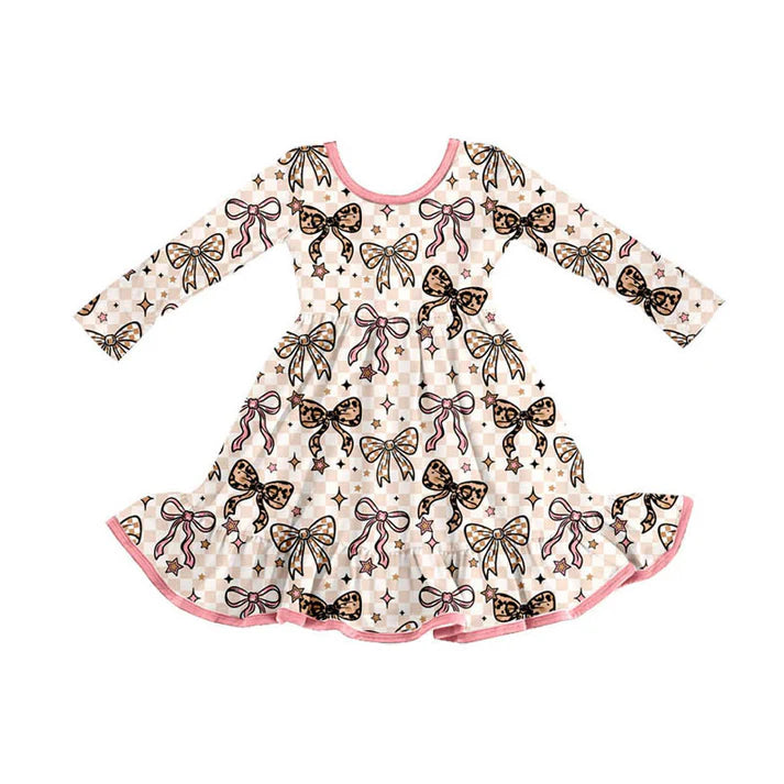 Preorder (moq 8)Baby Girls Bows Stars Checked Ruffle Knee Length Dresses 9.8