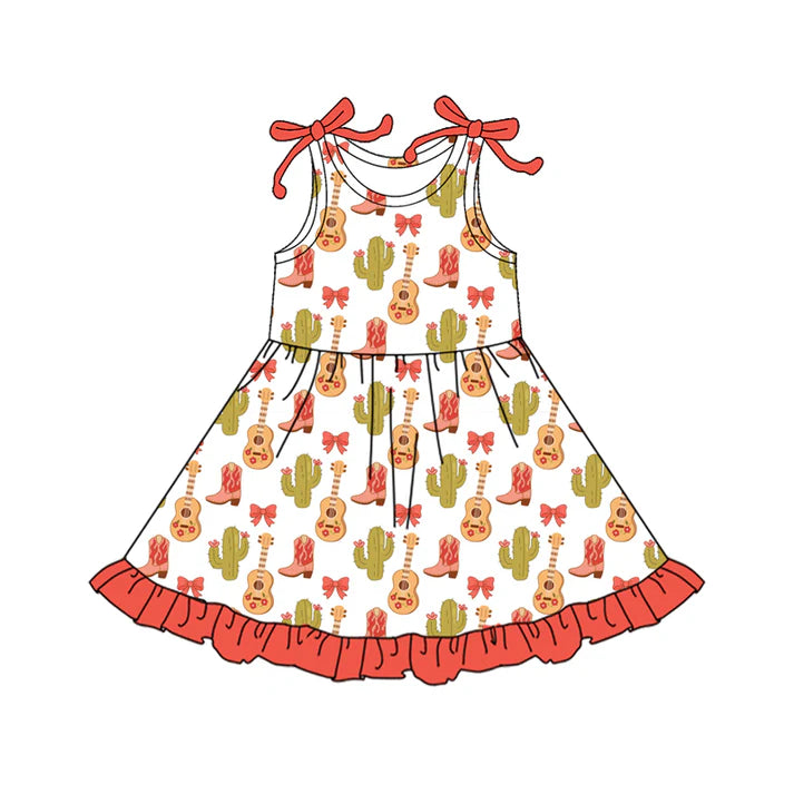 Preorder (moq 5)Baby Girls Bows Sleeveless Cactus Boot Guitars Western Ruffle Knee Length Dresses 12.18