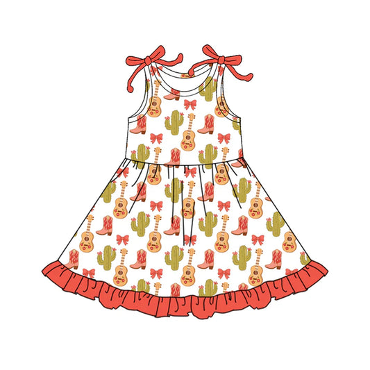 Preorder (moq 5)Baby Girls Bows Sleeveless Cactus Boot Guitars Western Ruffle Knee Length Dresses 12.18
