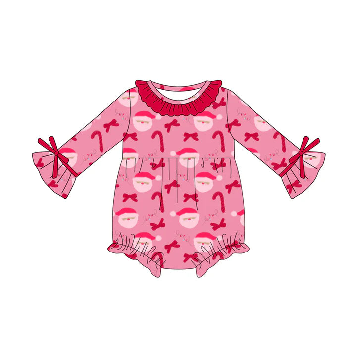 Preorder (moq 5)Baby Girls Hot Pink Long Sleeves Candy Cane Santa Ruffle Rompers 6.4