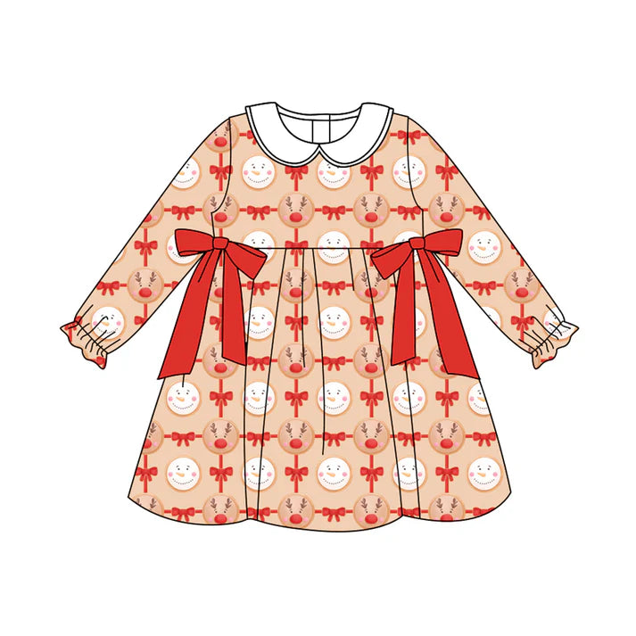 Preorder (moq 5)Baby Girls Christmas Reindeer Bows Ruffle Knee Length Dresses 8.11