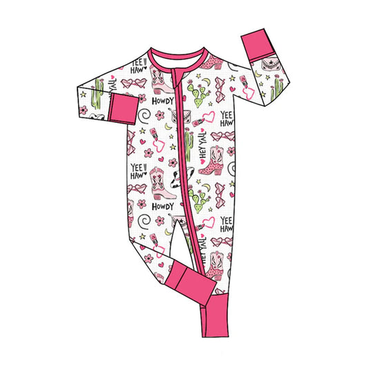 Preorder (moq 5)Baby Girls Howdy Boots Hearts Western Zipper Footie Rompers 10.27