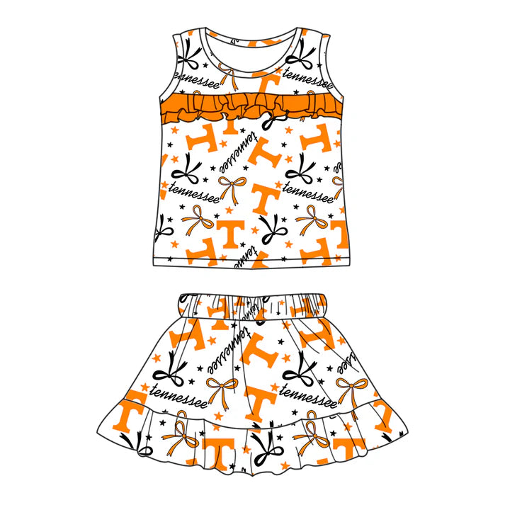 Preorder (moq 5)Baby Girls Sleeveless Orange T Bows Stars Top Ruffle Skorts Team Set 6.16