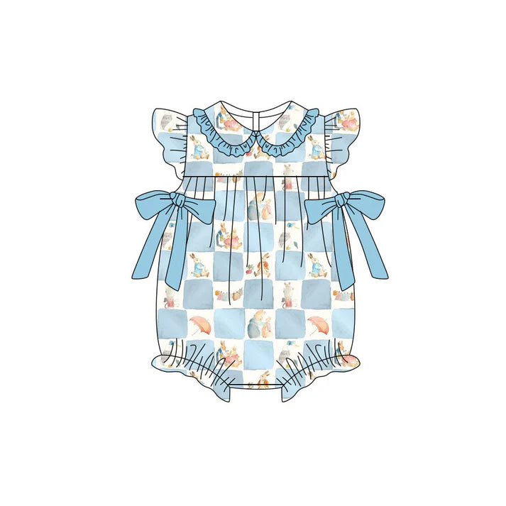 Preorder (moq 5)Baby Girls Flutter Sleeve Blue Checked Rabbits Bows Easter Ruffle Collar Rompers 11.19