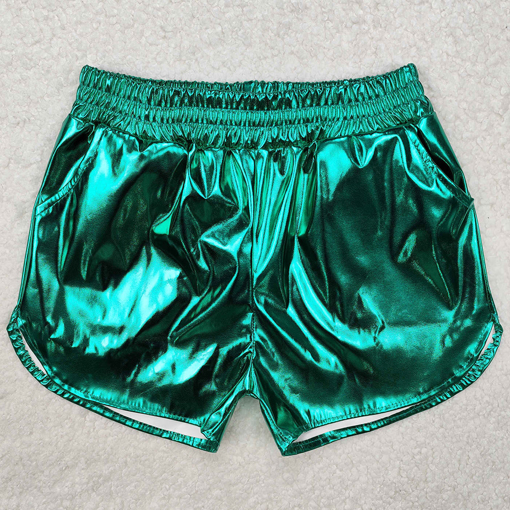 Baby Girls Shorts Metallic Green Pocket Leather Elastic Bottom Shorts SS0410