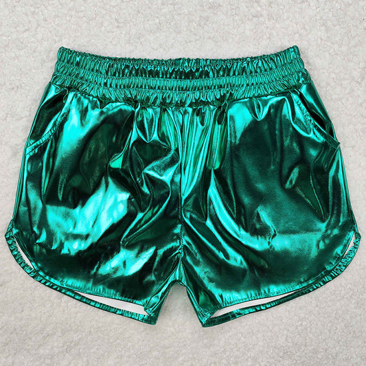 Baby Girls Shorts Metallic Green Pocket Leather Elastic Bottom Shorts SS0410