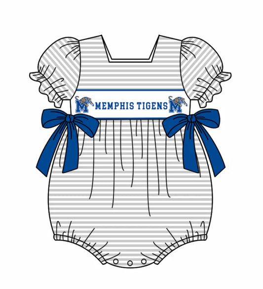 Preorder (moq 5)Baby Girls Memphis Tigers Bows Stripe Ream Ruffle Rompers 12.6