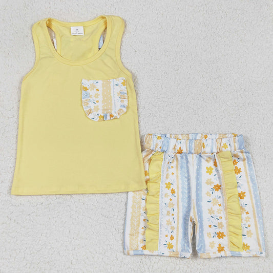 Baby Girls Clothes Yellow Vest Shirt Flowers Shorts Clothes Sets GSSO1788