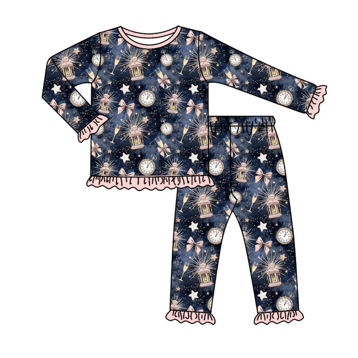 Preorder (moq 5)Baby Girls Long Ruffle Sleeves Hot Blue Key Stars Top Pants Pajamas Set 7.29