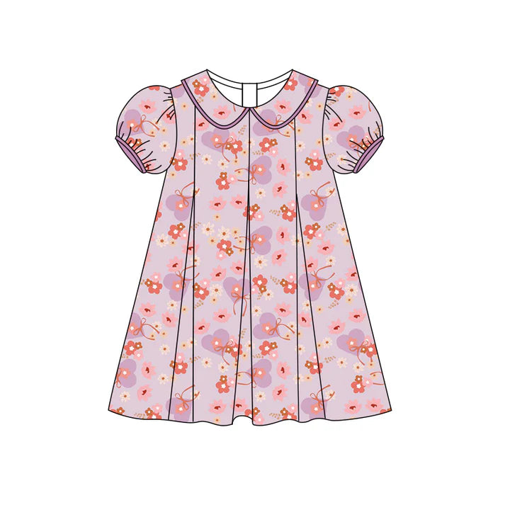 Preorder (moq 5)Baby Girls Lavender Short Ruffle Sleeves Heart Flowers Knee Length Dress 4.26