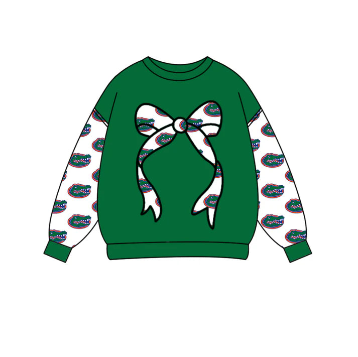 Preorder Moq 5 Baby Girls Green Long Sleeve Crocodiles Bows Team Tee Shirts Top 10.16