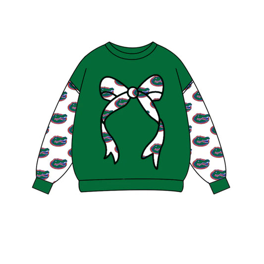 Preorder Moq 5 Baby Girls Green Long Sleeve Crocodiles Bows Team Tee Shirts Top 10.16