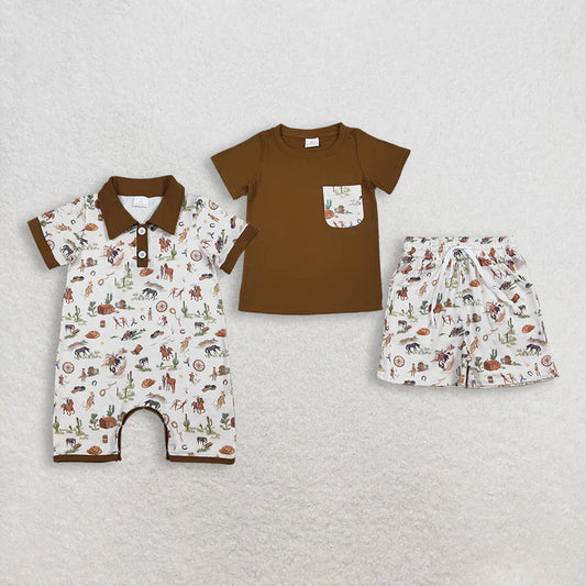 Sibling Baby Boys Horse Rodeos Top Pockets Short Western Clothes Set Rompers