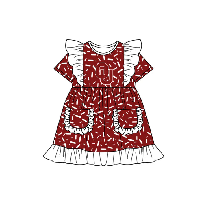 Preorder (moq 5)Baby Girls Flutter Short Sleeve Red Sprinkles OC Pockets Team Ruffle Knee Length Dresses 12.13