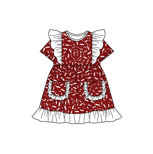 Preorder (moq 5)Baby Girls Flutter Short Sleeve Red Sprinkles OC Pockets Team Ruffle Knee Length Dresses 12.13