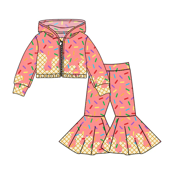 Preorder (moq 5)Baby Girls Peach Long Sleeves Drip Zipper Jacket Top Bell Bottom Pant Team Clothes Sets 8.5