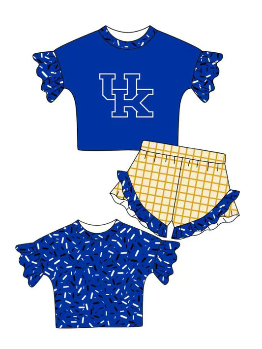 Preorder (moq 5)Baby Girls Hot Blue Back Sprinkles UK Top Checked Ruffle Shorts Team Clothes Set 1.12