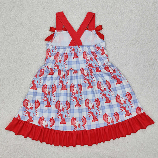 Baby Girls Dress Blue Checkered Crawfish Bow Ruffle Knee Length Dresses GSD1968
