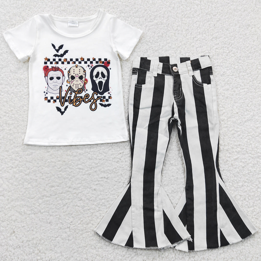 Hot Sale Baby Girls Clothes Halloween Vibes Stripe Denim Bell Pants Sets GSPO0634