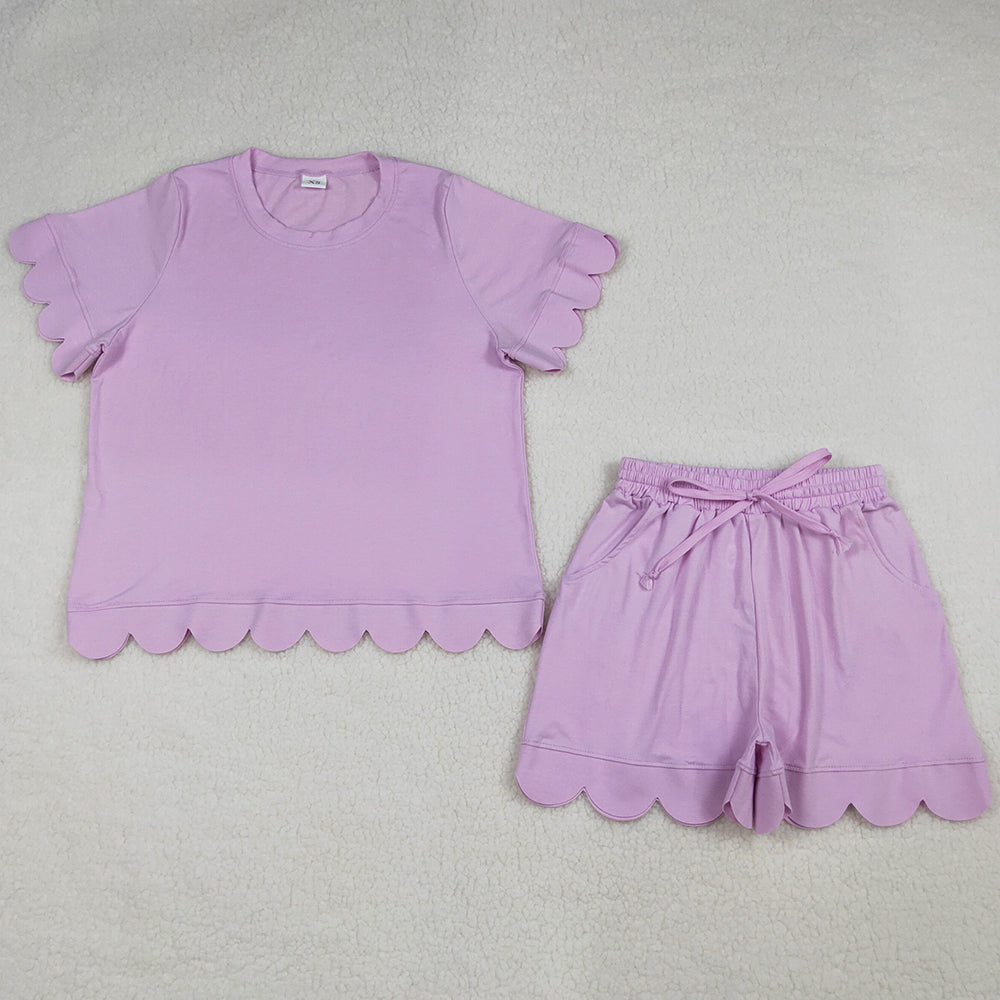 Adult Women Clothing Pink Short Sleeve Shirt Pockets Short Scallop Clothes Set GSSO3201