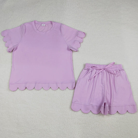 Adult Women Clothing Pink Short Sleeve Shirt Pockets Short Scallop Clothes Set GSSO3201