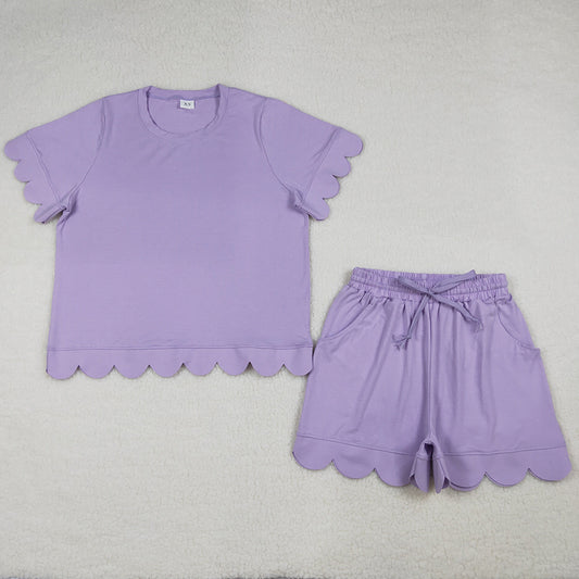 Adult Women Clothes Lavender Short Sleeve Shirt Pockets Short Scallop Clothes Set GSSO3199