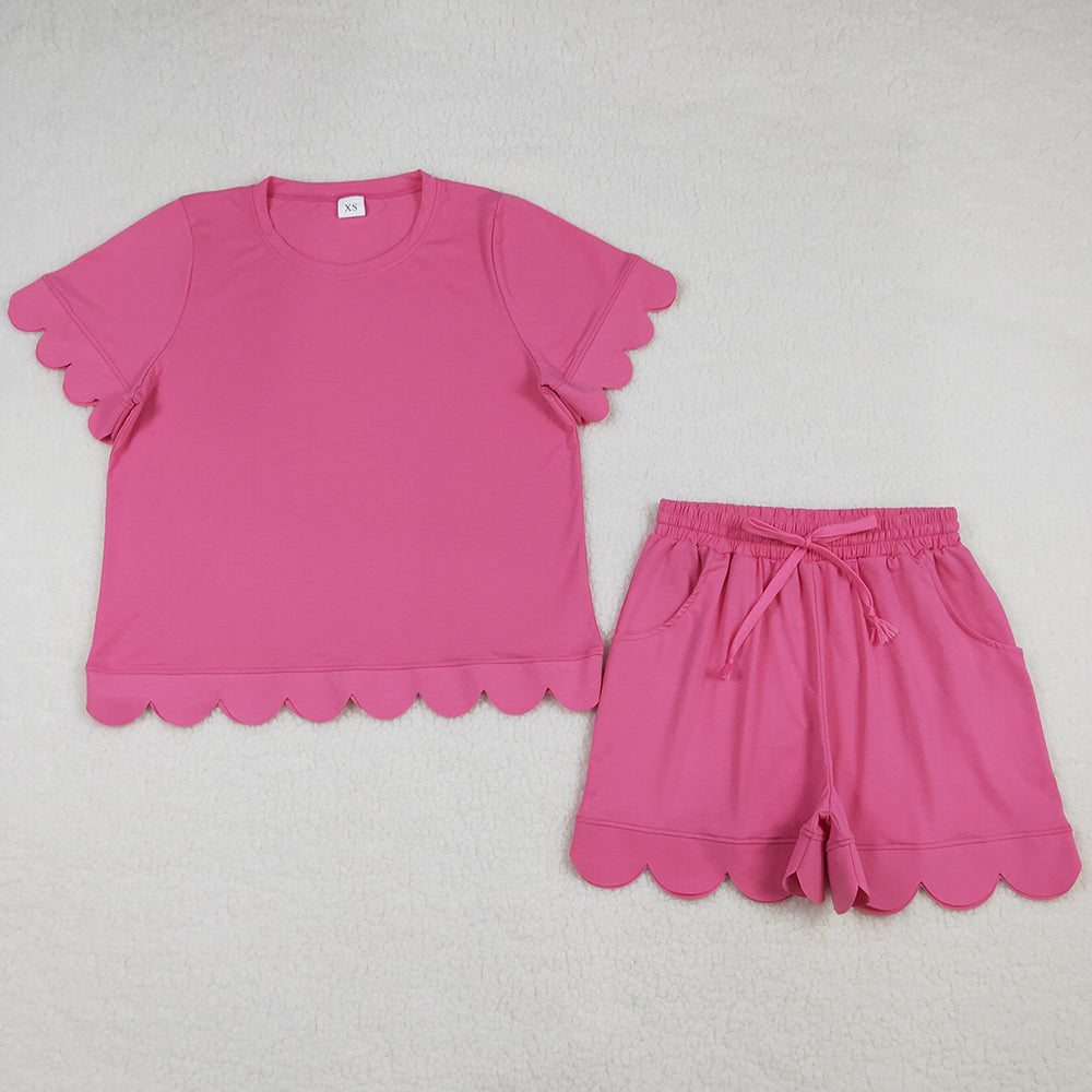 Adult Women Clothes Hot Pink Shorts Sleeve Shirts Top Short Scallop Clothes Sets GSSO3204