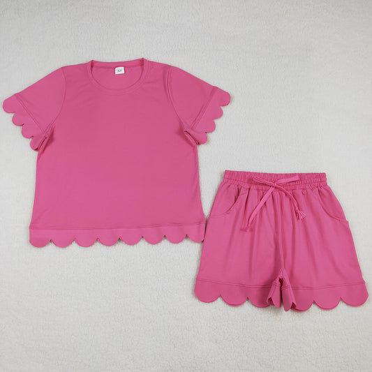 Adult Women Clothes Hot Pink Shorts Sleeve Shirts Top Short Scallop Clothes Sets GSSO3204