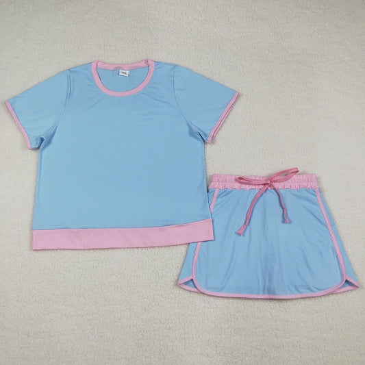 Adult Women Clothes Blue Short Sleeve Top Skirt Shorts Cotton Clothes Set GSD3674