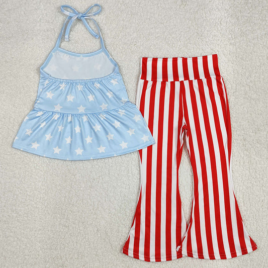 Baby Girls Clothes 4th Of July Stars Halter Tunic Bell Pants Sets GSPO1974