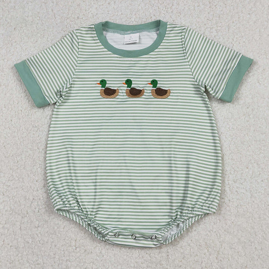 Baby Boys Rompers Embroidery Ducks Green Stripe Short Sleeve Hunting Rompers SR3531 12.20