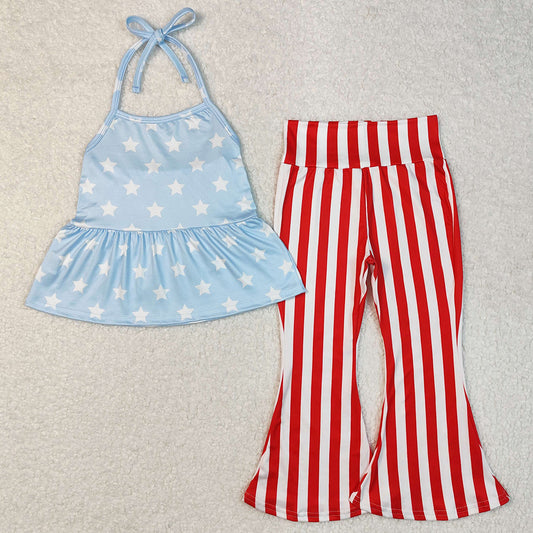 Baby Girls Clothes 4th Of July Stars Halter Tunic Bell Pants Sets GSPO1974
