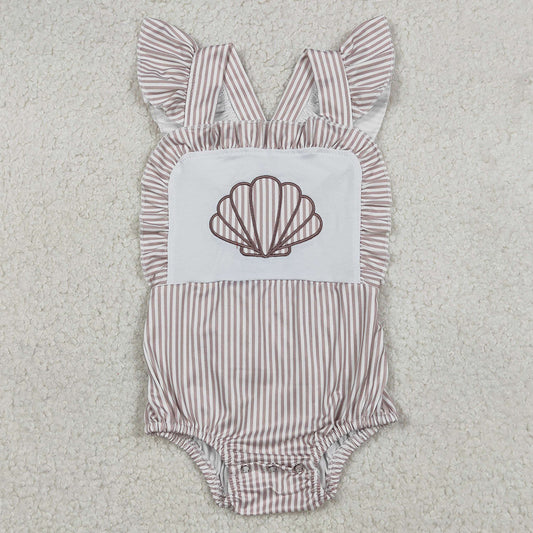Baby Girls Rompers Embroidery Stripe Shells Flutter Sleeve Ruffle Rompers SR3396 12.20