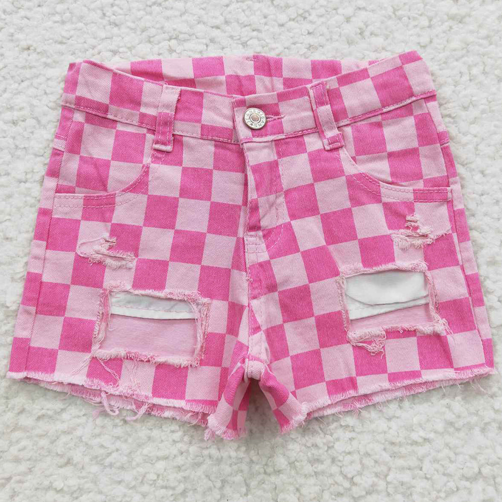 Baby Girls Jeans Pink Plaid Distressed Denim Shorts SS0092
