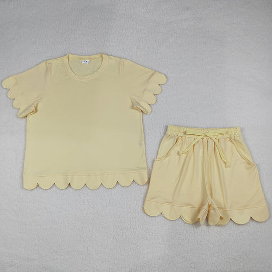 Adult Women Clothes Yellow Shorts Sleeve Shirts Top Short Scallop Clothes Sets GSSO3203