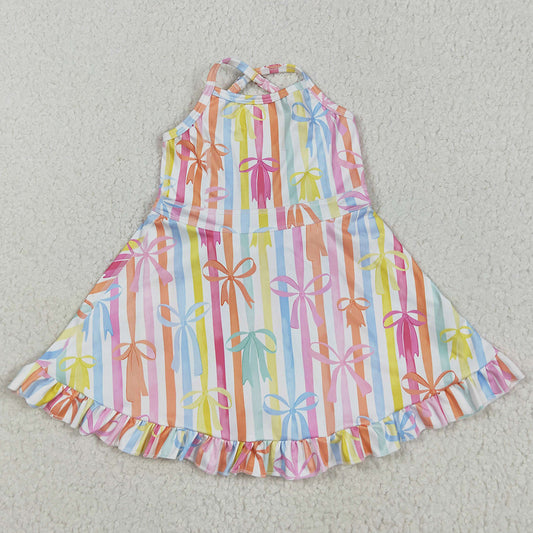 Baby Girls Dress Strap Colorful Bows Stripe Yoga Ruffle Knee Length Dresses GSD2288 5.21