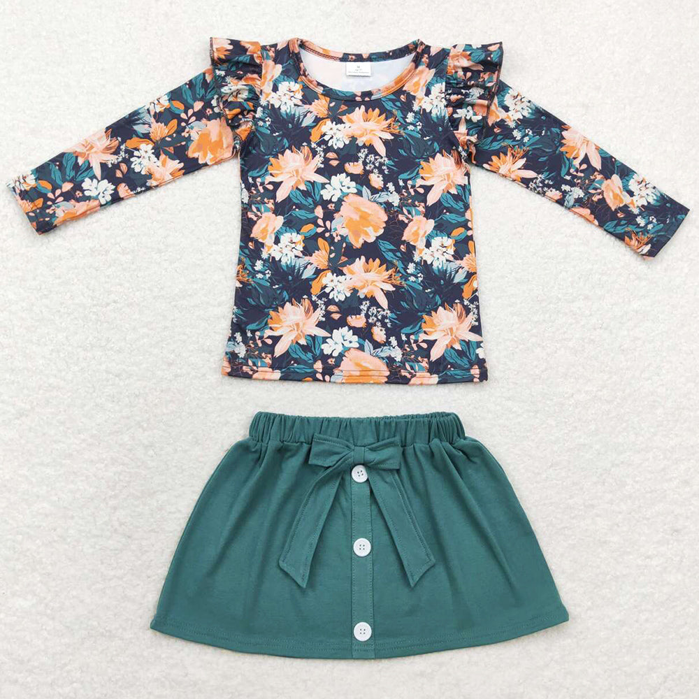 Baby Girls Clothes Fall Navy Flowers Shirts Skirt Sets GLD0590