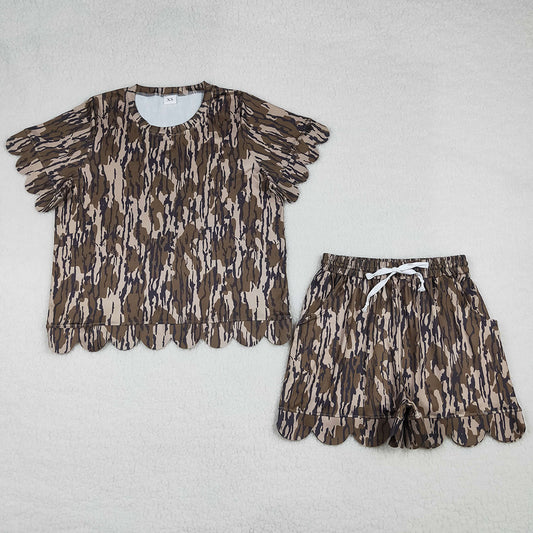 Adult Women Clothes Southern Olive Camo Top Short Scallop Clothes Sets GSSO3231