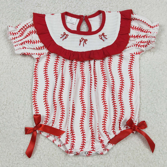 Baby Girls Smocked Baseballs Bows Red Stripe Team Ruffle Rompers SR3345 12.20
